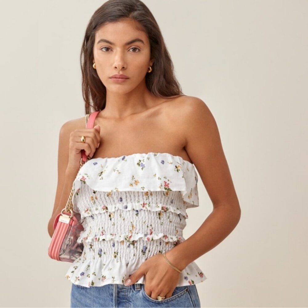 Reformation White Floral Strapless Top